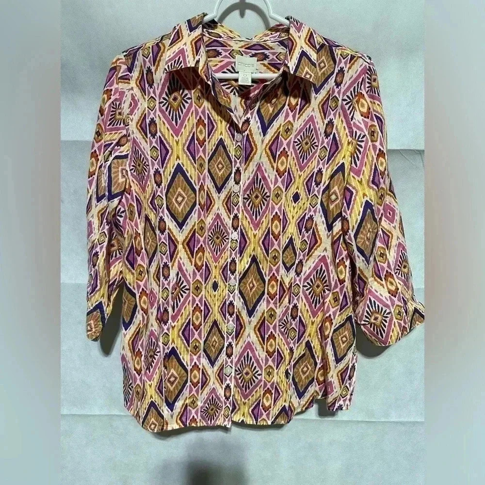 Chico's Colorful Tribal NO Iron 100% Linen Button Down Front & Bk Shirt Size 0
